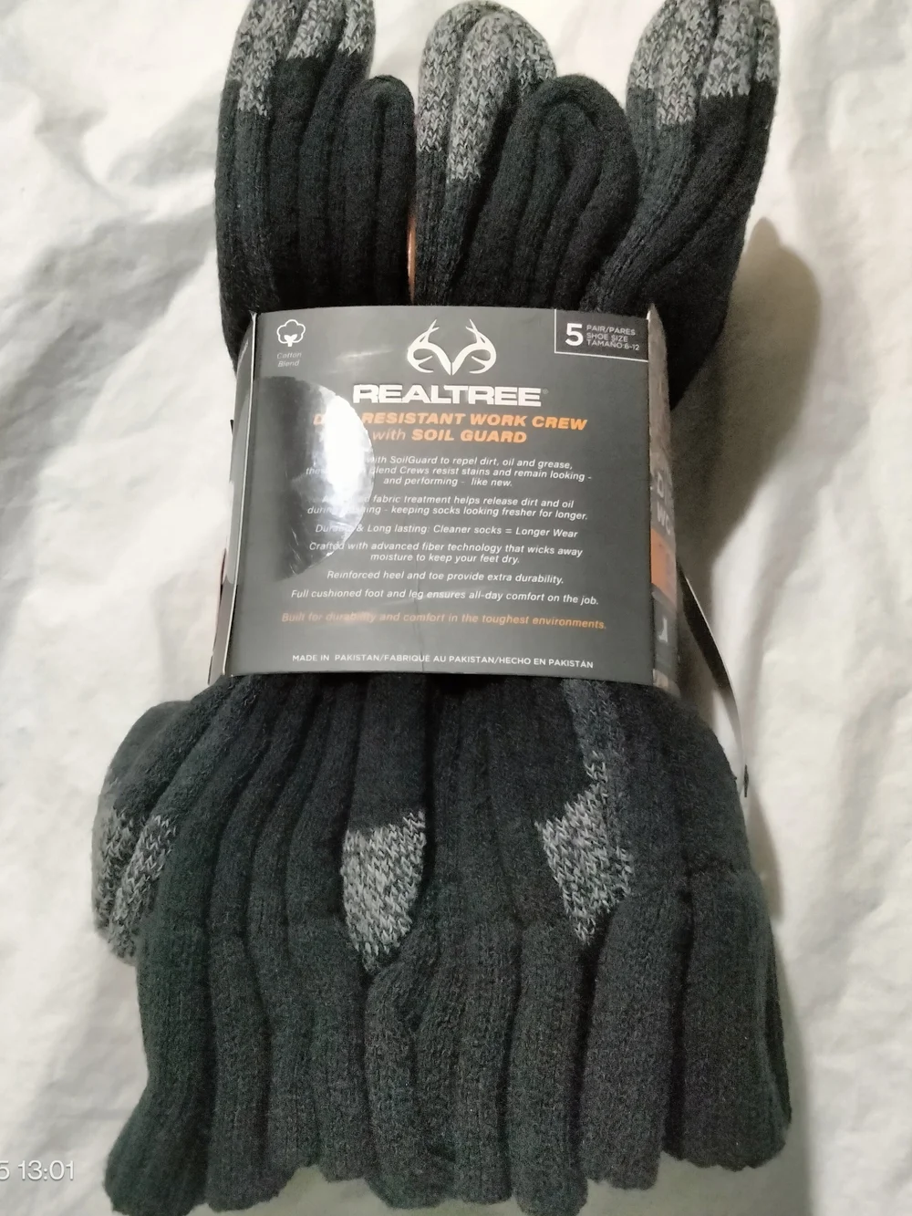 Realtree Men's Dirt Resistant Work Crew Socks 5 Pairs Size 6-12 Soil Guard New